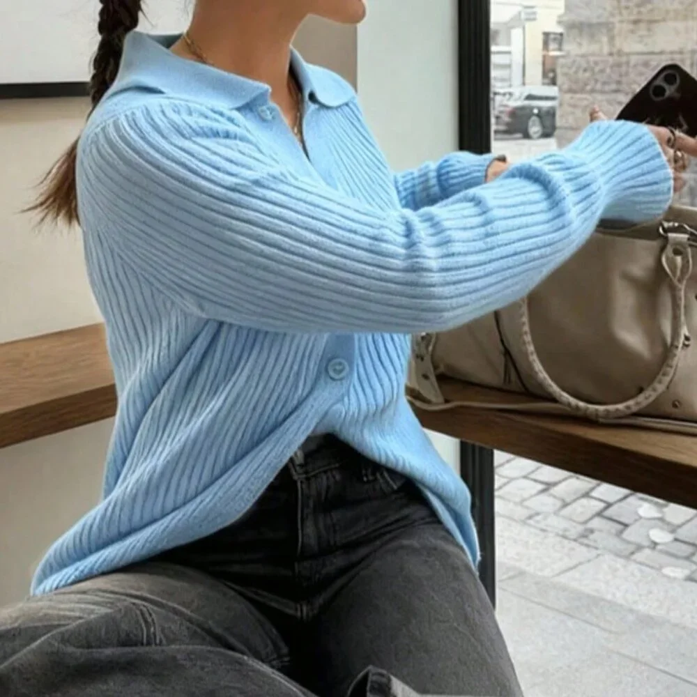Blue Casual Women's Long Sleeve Knit Cardigan with Striped Pullover Sweater